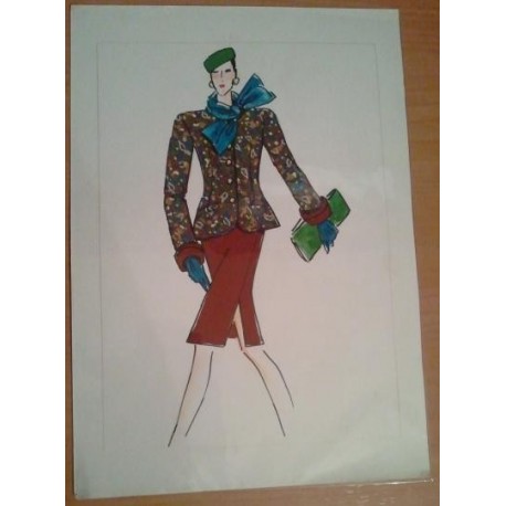 FIGURÍN DIBUJO ORIGINAL ACUARELADO - MODA VINTAGE ESPAÑOLA.