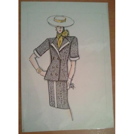 FIGURÍN DIBUJO ORIGINAL ACUARELADO - MODA VINTAGE ESPAÑOLA.