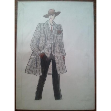 FIGURÍN DIBUJO ORIGINAL ACUARELADO - MODA VINTAGE ESPAÑOLA.