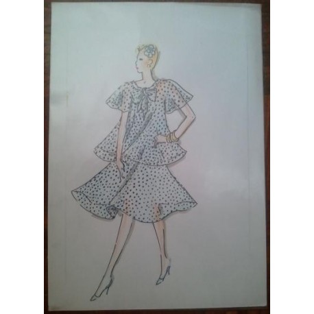 FIGURÍN DIBUJO ORIGINAL ACUARELADO - MODA VINTAGE ESPAÑOLA