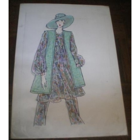 FIGURÍN DIBUJO ORIGINAL ACUARELADO - MODA VINTAGE ESPAÑOLA.