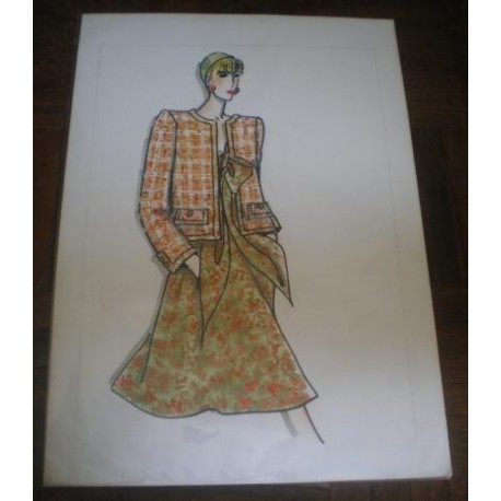 FIGURÍN DIBUJO ORIGINAL ACUARELADO - MODA VINTAGE ESPAÑOLA