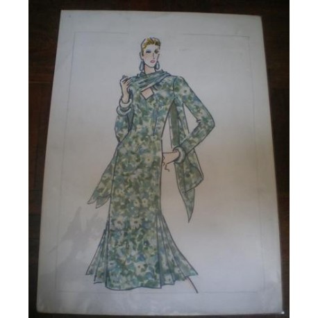 FIGURÍN DIBUJO ORIGINAL ACUARELADO - MODA VINTAGE ESPAÑOLA.