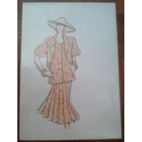 FIGURÍN DIBUJO ORIGINAL ACUARELADO - MODA VINTAGE ESPAÑOLA.